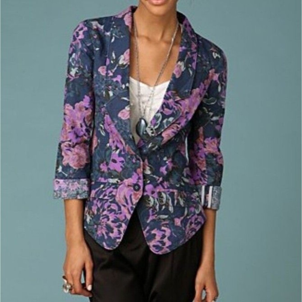 Free people purple linen cotton floral button front blazer jacket Sz 6